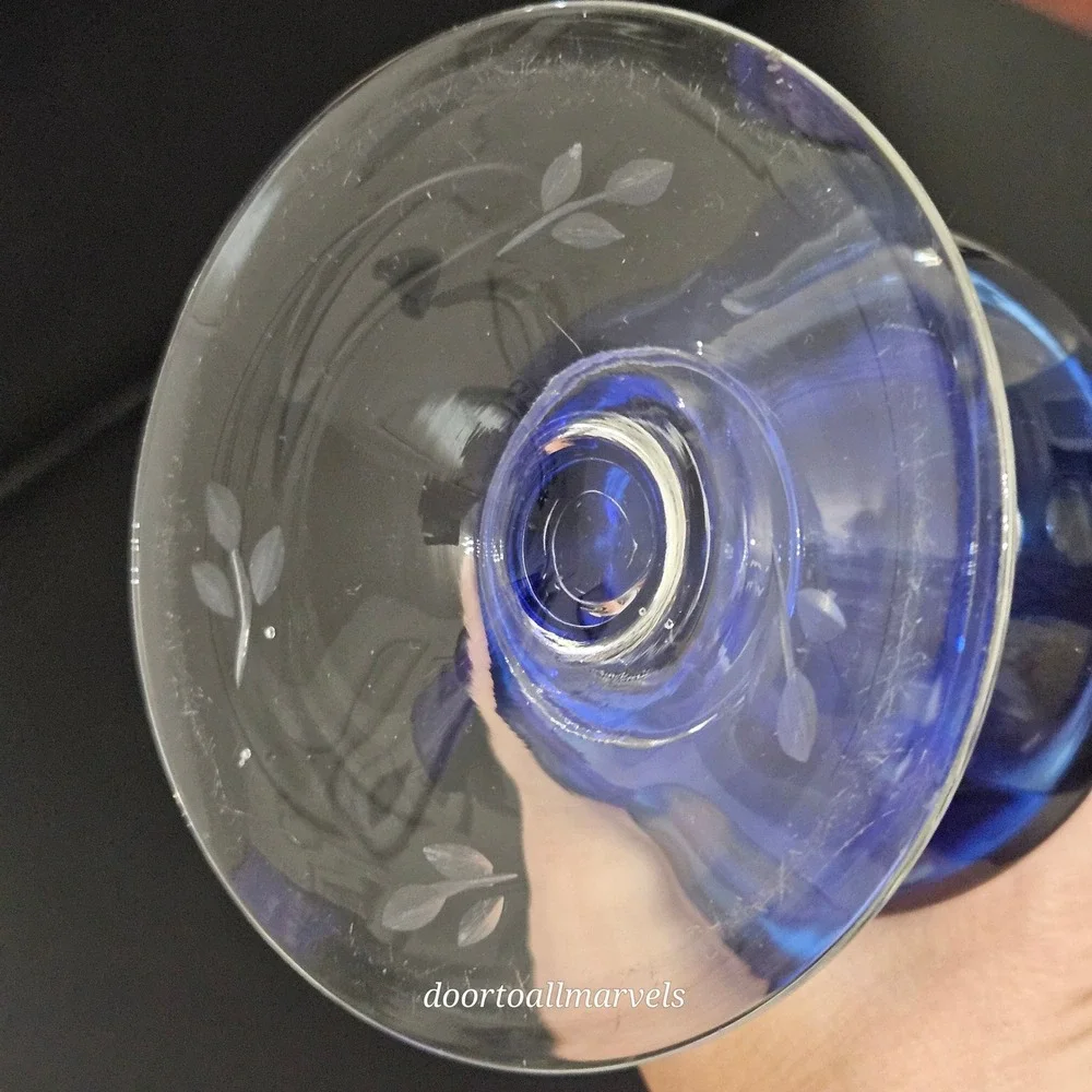VTG Val St Lambert Footed Vase Cobalt Blue Cut-to-Clear Crystal Europe Art Deco
